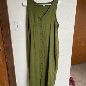 Sleeveless Button-Front Linen-Blend Maxi Shift Dress Olive